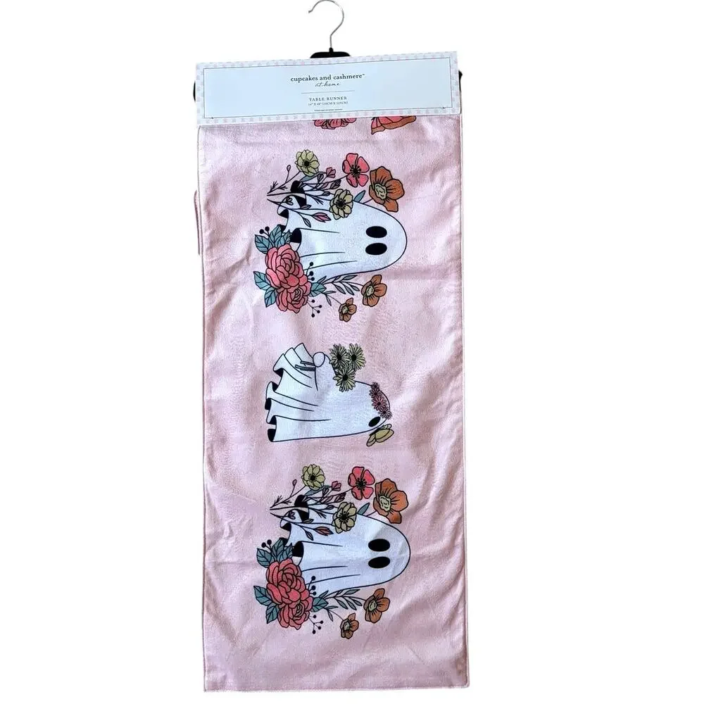 Cupcakes & Cashmere Pink Halloween Floral Ghost Table Runner 14x48 Fall NEW